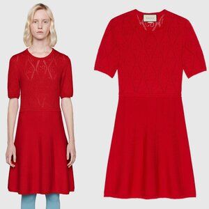 GUCCI DRESS GG PERFORATED RED WOOL SHORT SLEEVES